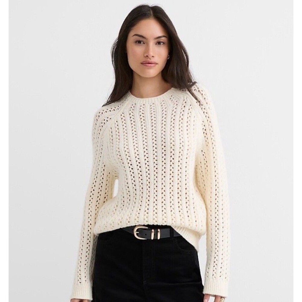 Ann Taylor LOFT Women Stitchy Knit Raglan Sweater Cozy Cool Ribbed Motif Medium